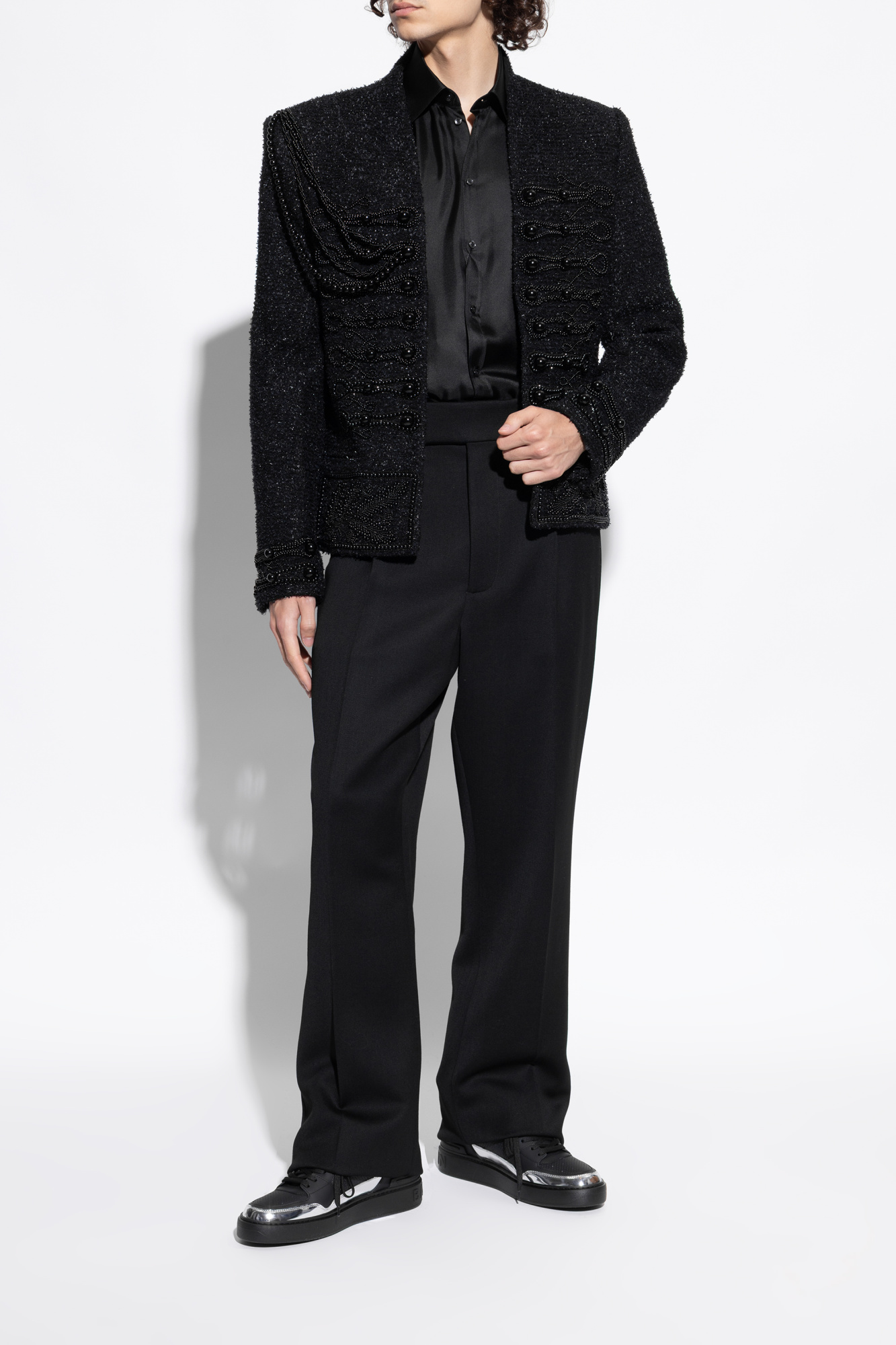 BALMAIN ストライフ ツイト ミニ スカト AF1LB190KE04 SCT Balmain Black tweed miniskirt with buttons | TheDoubleF
